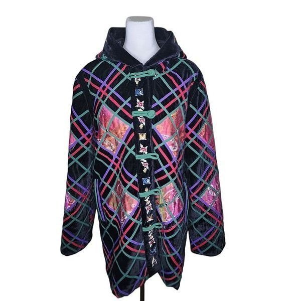 Vintage 90s Hooded Embroidered Chinese Heavy Coat Womens Size XXL Black