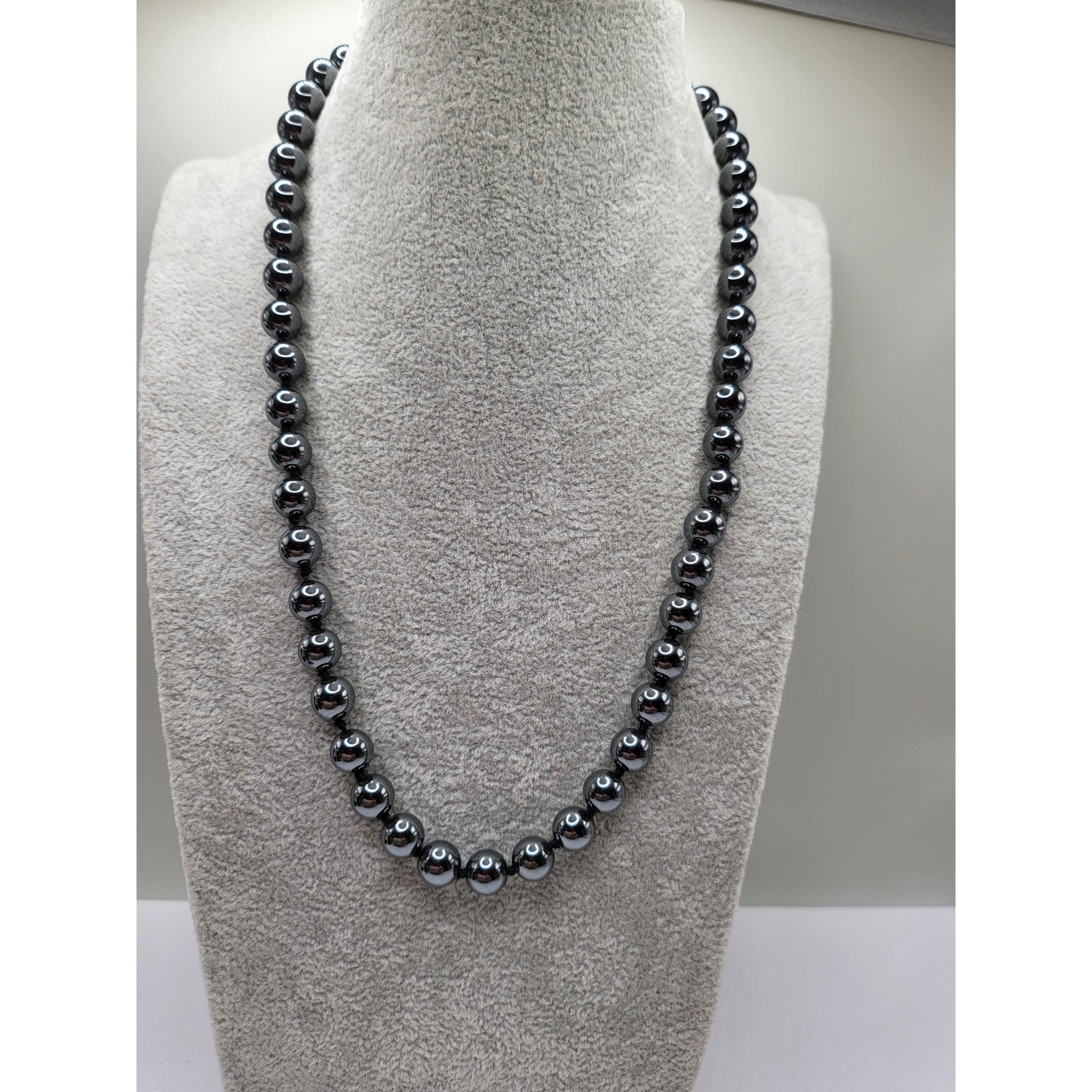 Vintage Natural Hematite Bead Necklace 19.5" Gold Tone Barrel Clasp