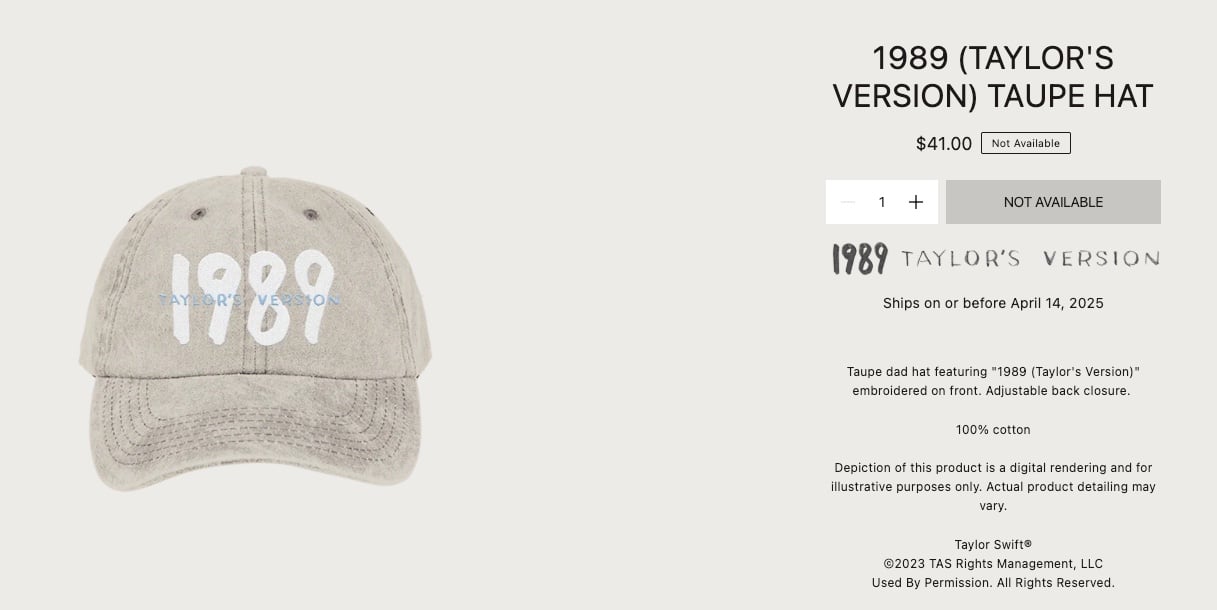 Taylor Swift 1989 Taupe hat