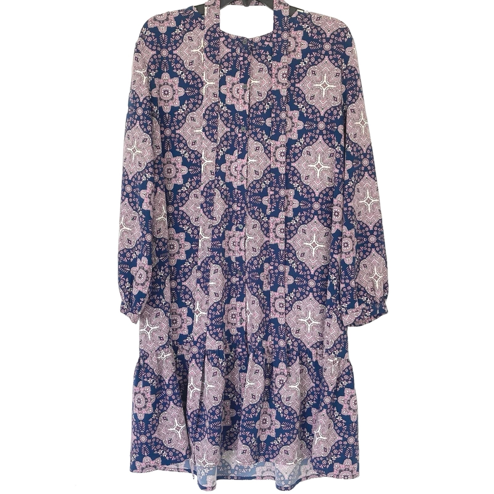 NWOT LOFT Dress L Tile Mosaic Print Button Up Balloon Sleeve Tiered Belt Knee