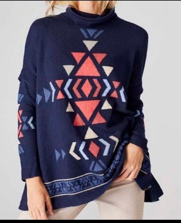J. Jill Sweater Funnel Neck Intarsia Knit Blue Aztec Size M Oversized