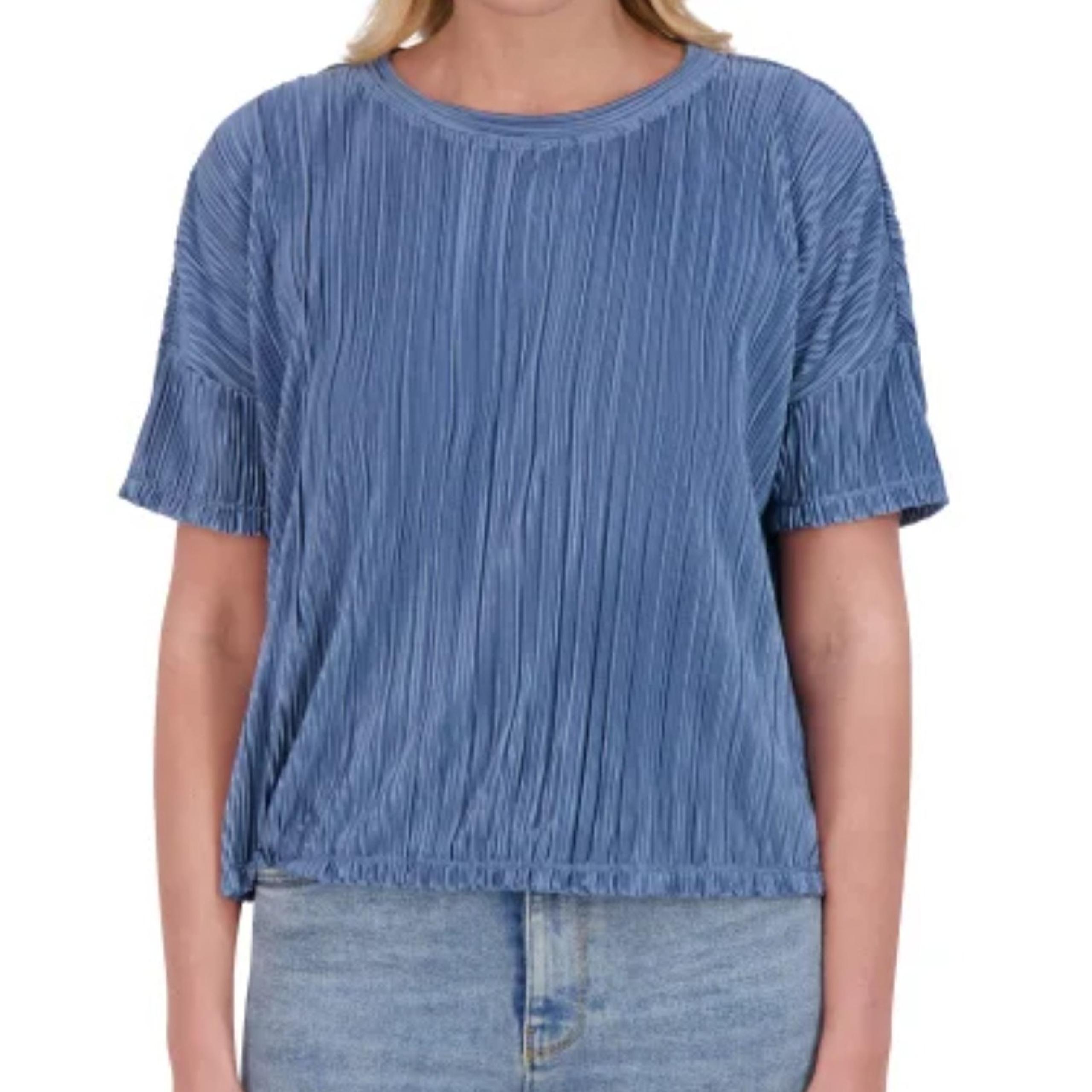 Andrew Marc Women's Short Sleeved Plisse Blouse Light Blue Boxy Lightweight XXL