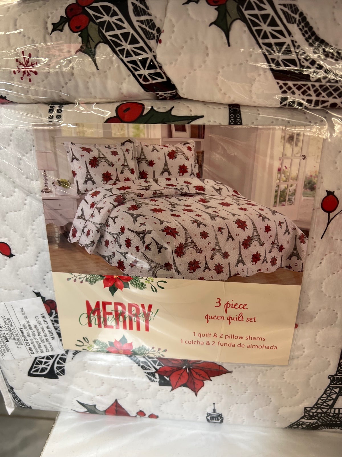 Paris Eiffel Tower Christmas 3 Pc Quilt Set QUEEN