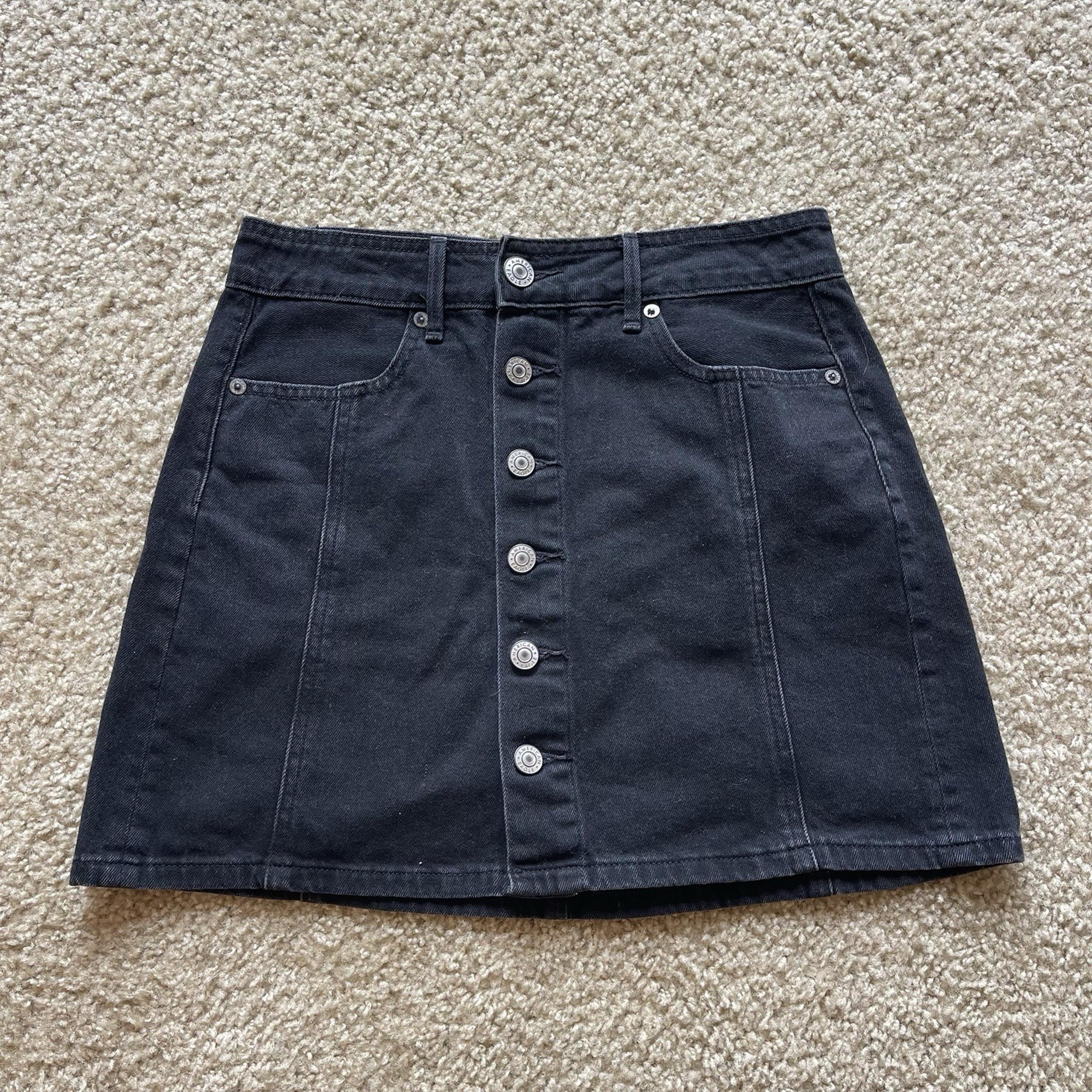 American Eagle Womens Skirt 2 Black Hi Rise A-Line Flat Front Dark Wash Denim