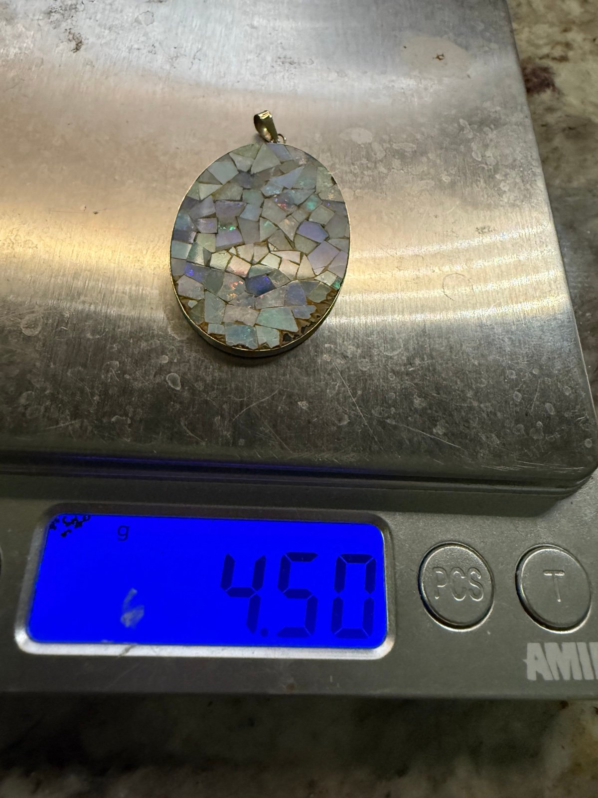 Gorgeous, opal mosaic, large pendant 14 K yellow gold