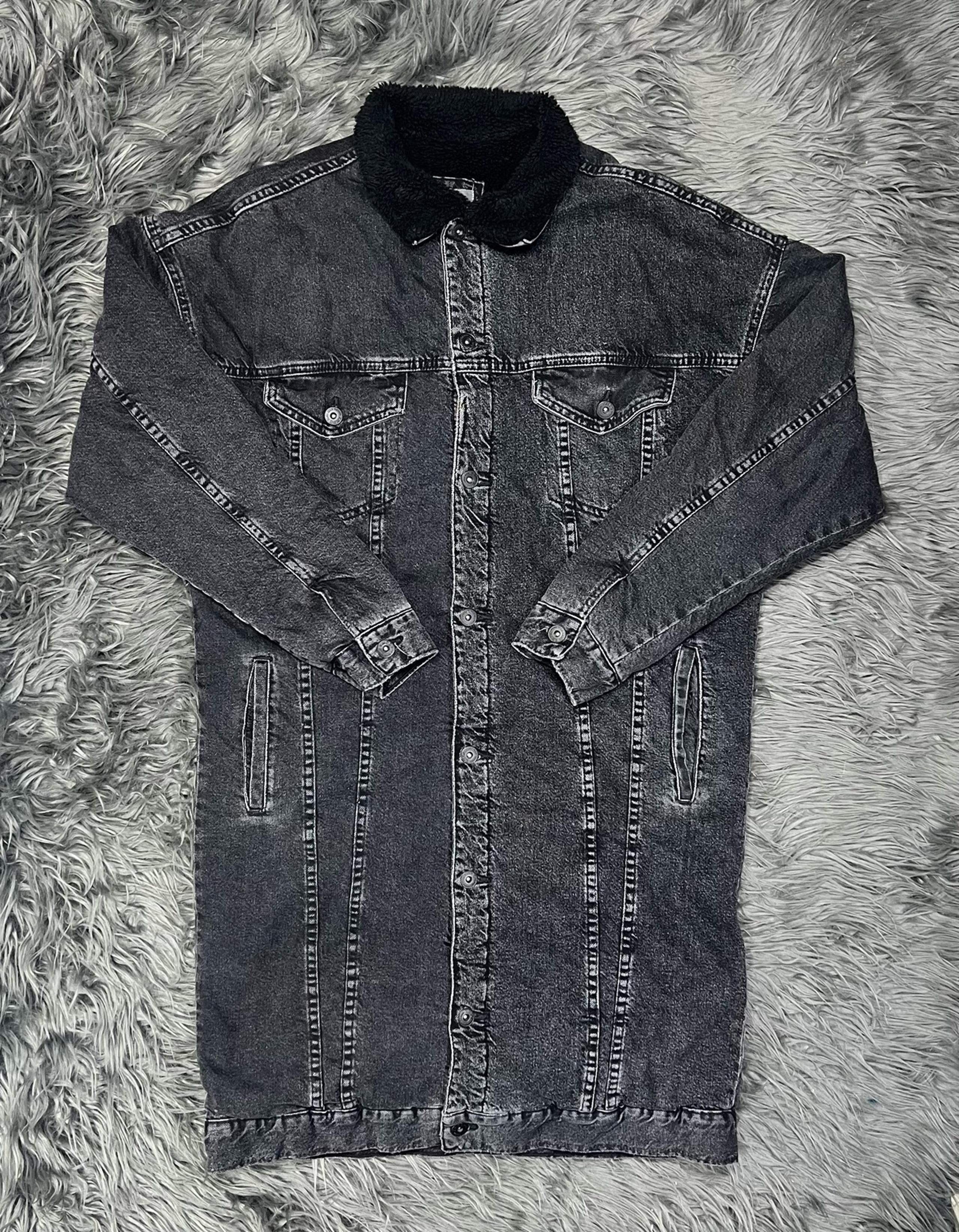 Zara Man Fur Lined Mens Black Denim Trench Coat Size Large Stone Washed