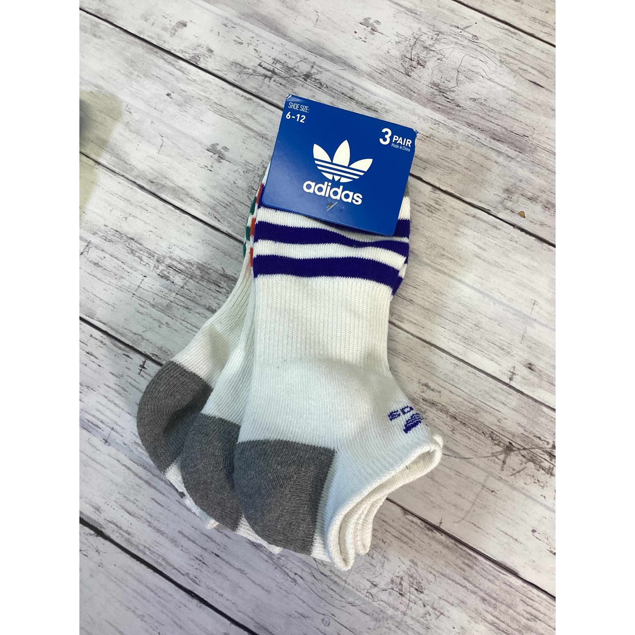 Adidas 3 Pairs Mens Cushioned No Show Socks - White with Red Blue Green Stripes