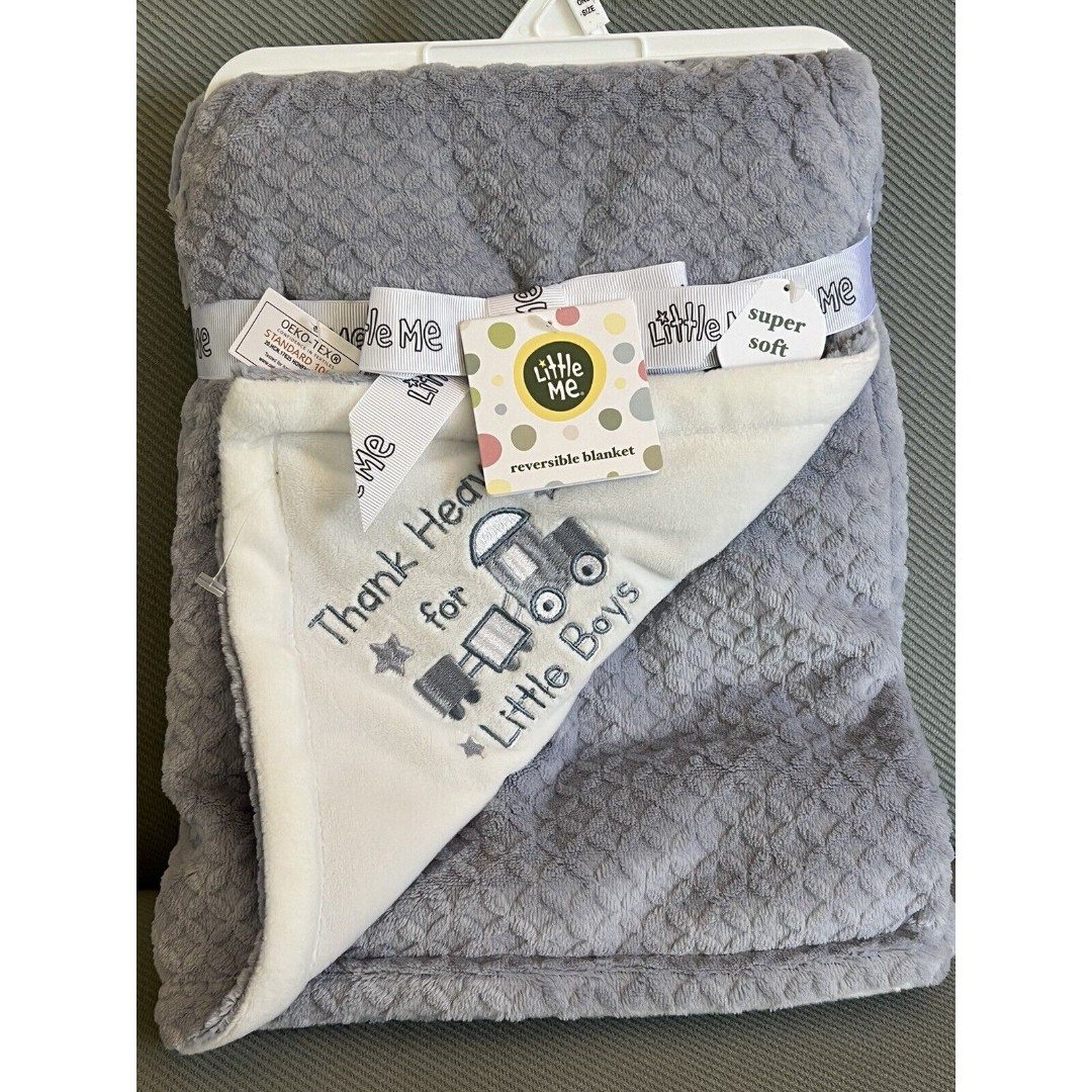 Little Me Thank Heaven For Little Boys Blue Reversible Baby Blanket Embroidered