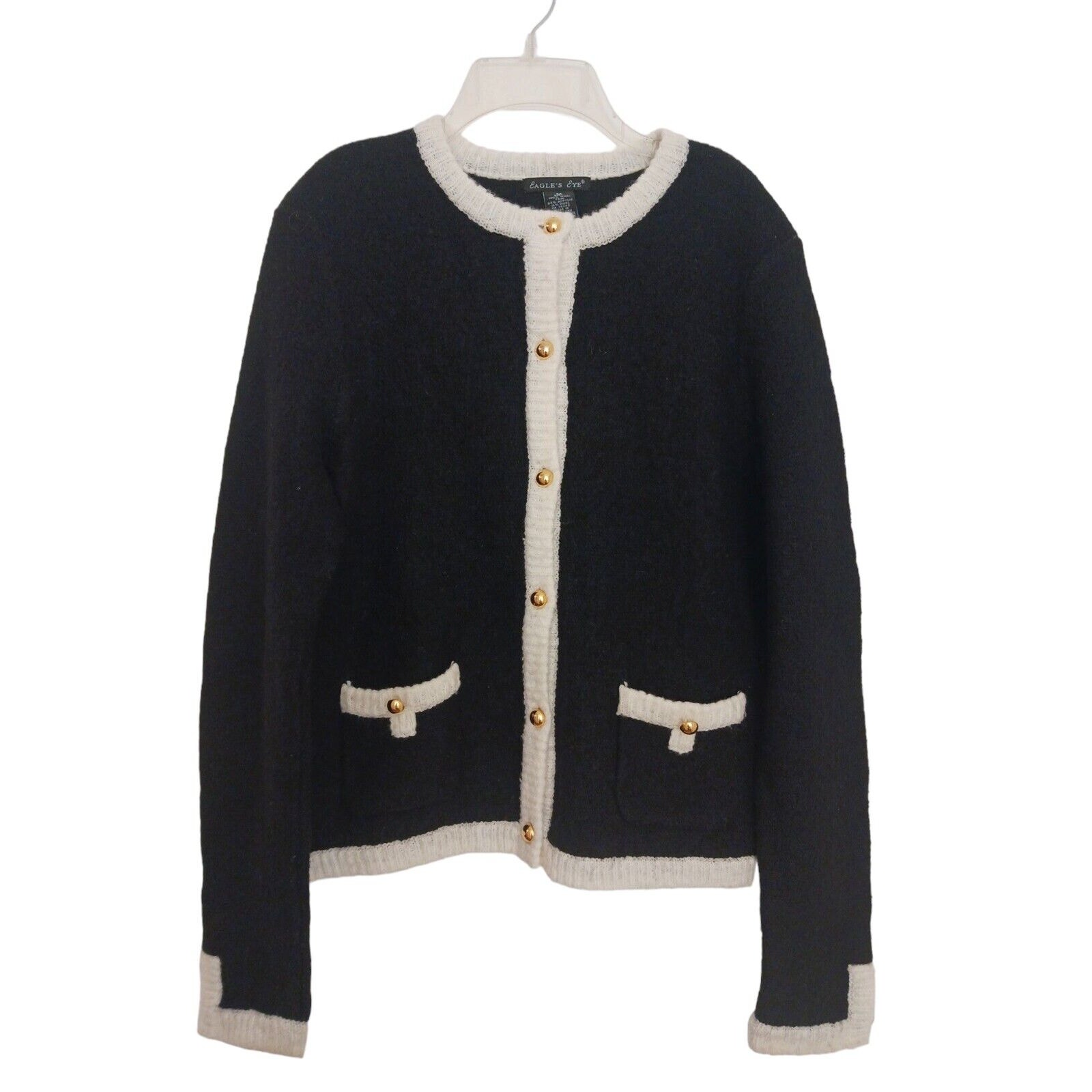 Vintage WOOL Cardigan Sz M BLACK Gold Buttons White Trim Sweater Preppy Holiday