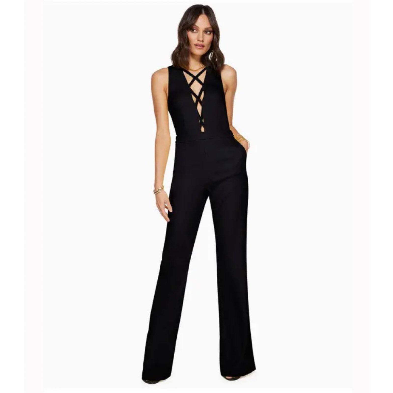 RAMY BROOK Otto Cutout Flare Jumpsuit Black Sleeveless Pockets NWT 545.