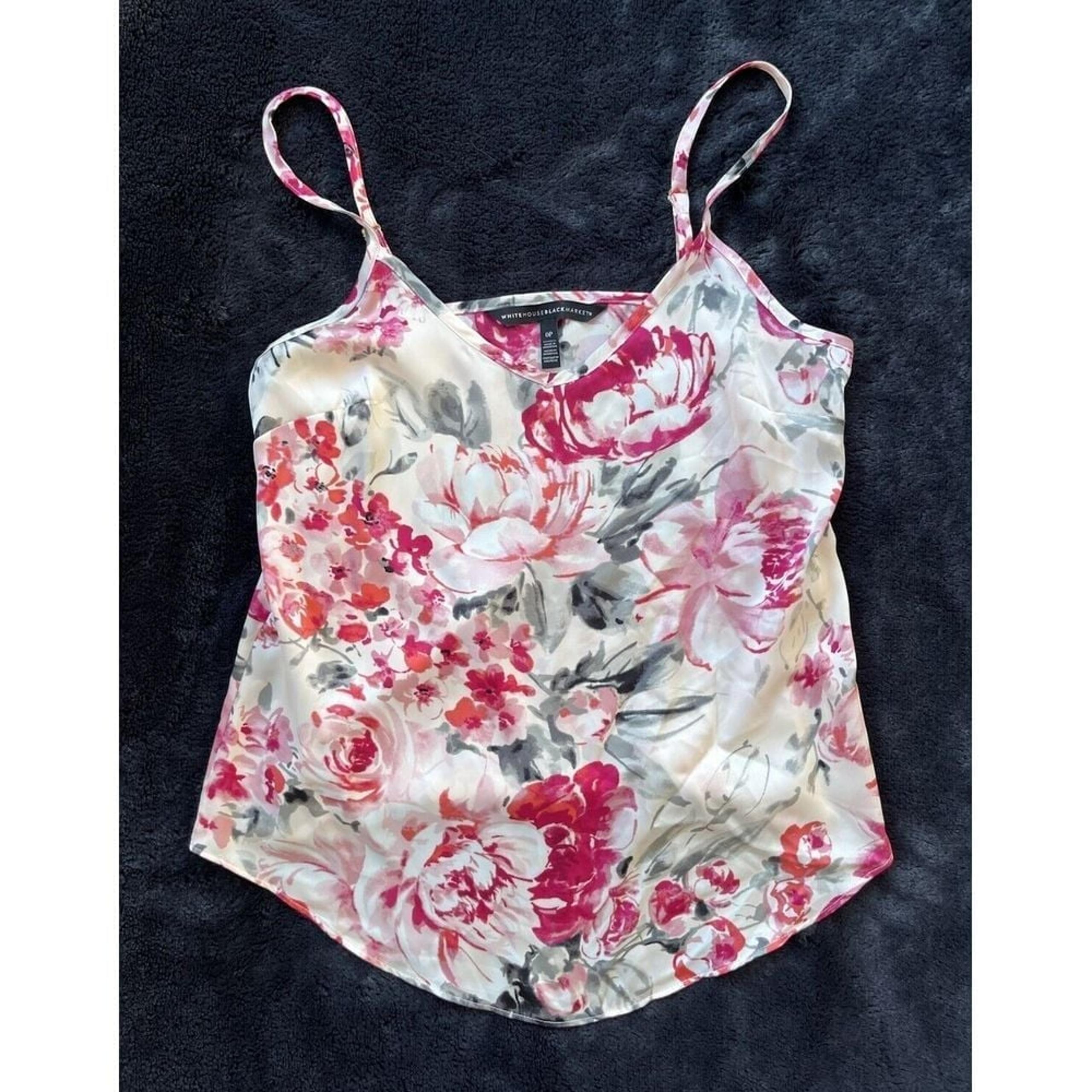 White House Black Market Pink Floral Silky Camisole Curved Hem Size 0P  EUC