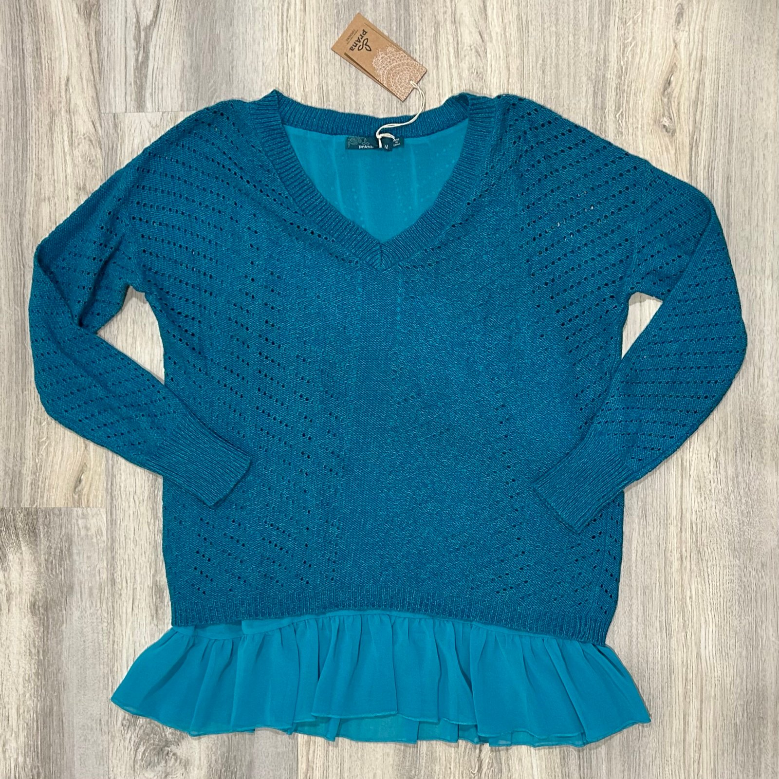 NWT Prana Ellery Blue V Neck Crocheted Long Sleeve Layered Sweater Top Size M