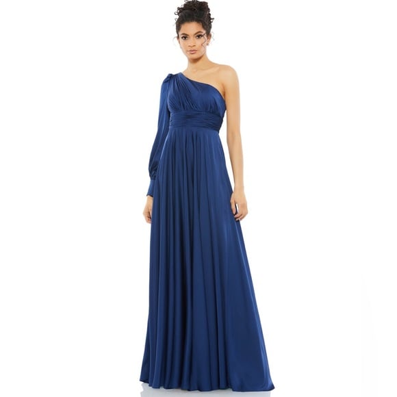 ONE SHOULDER BISHOP SLEEVE FLOWY GOWN SIZE 6 COLOR midnight blue new