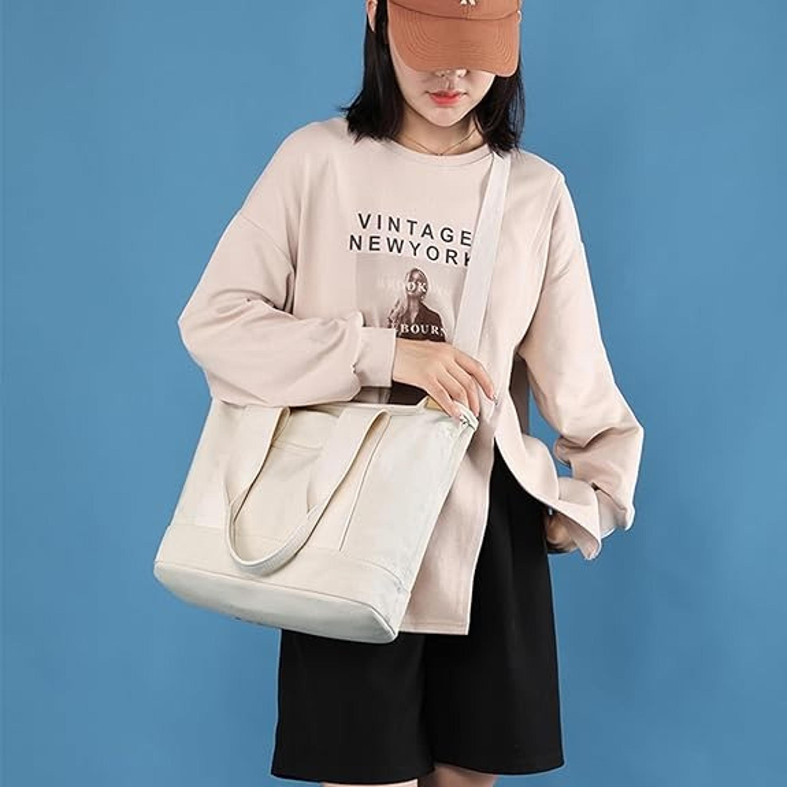Canvas Tote Crossbody Shoulder Bag Multiple Pockets Casual Satchel Hobo Handbag
