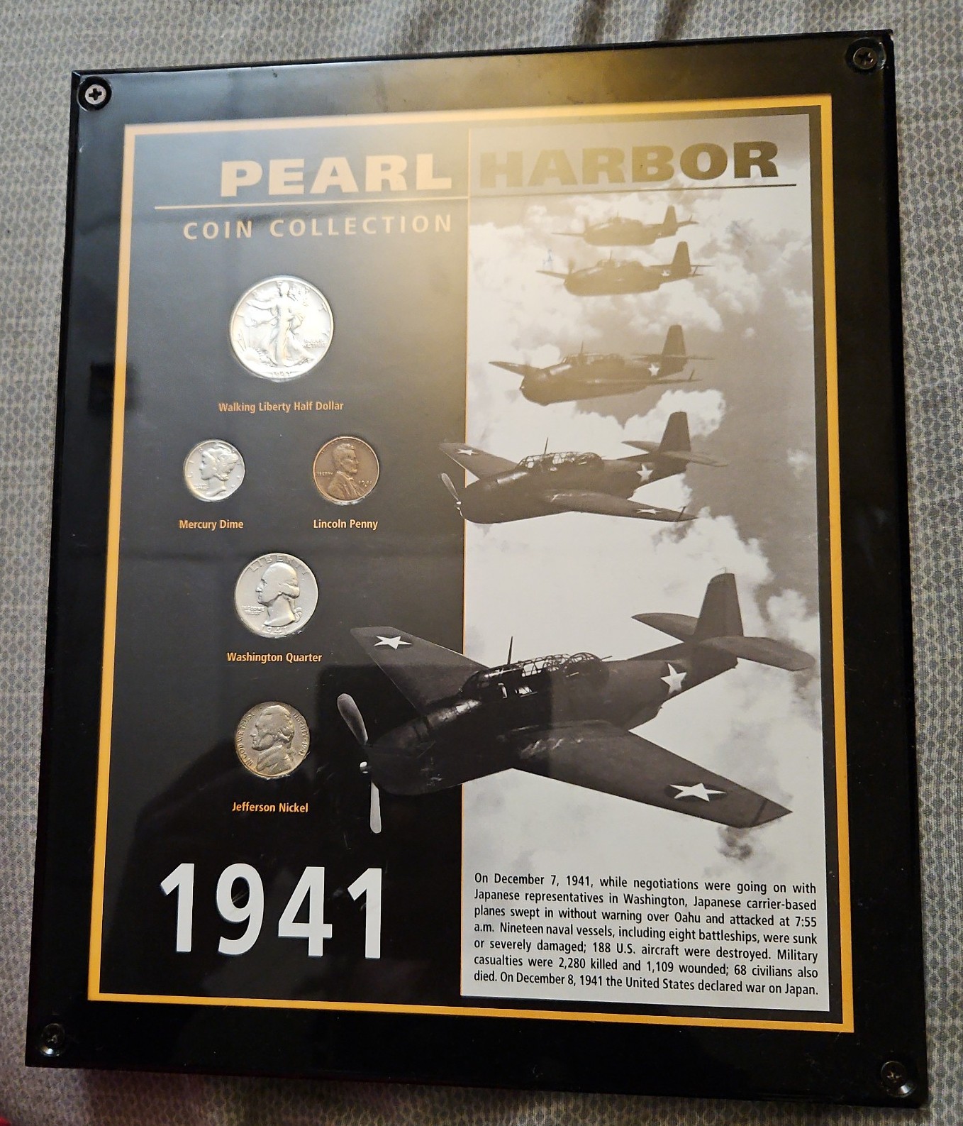 1941 pearl harbor plaque with original coins from date