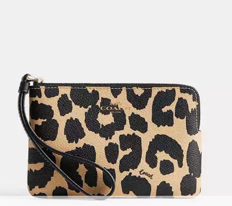 Coach Corner Zip Wristlet With Leopard Print