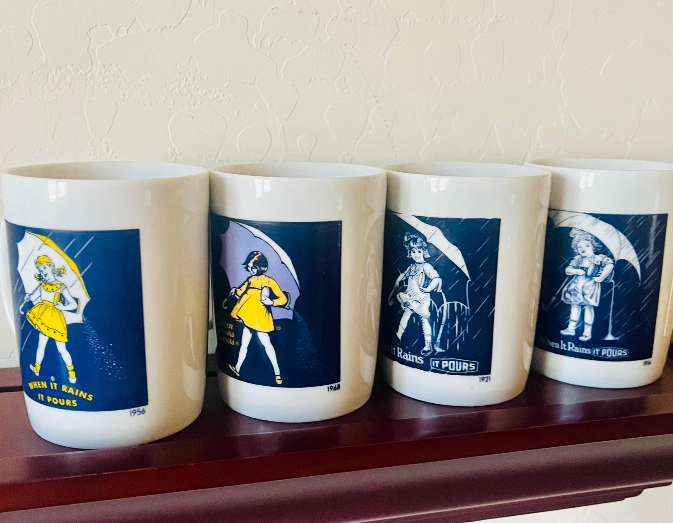 Vintage Morton Salt Coffee Cups Mugs 1914 1921 1956 1968 Full Set of 4 Japan EUC