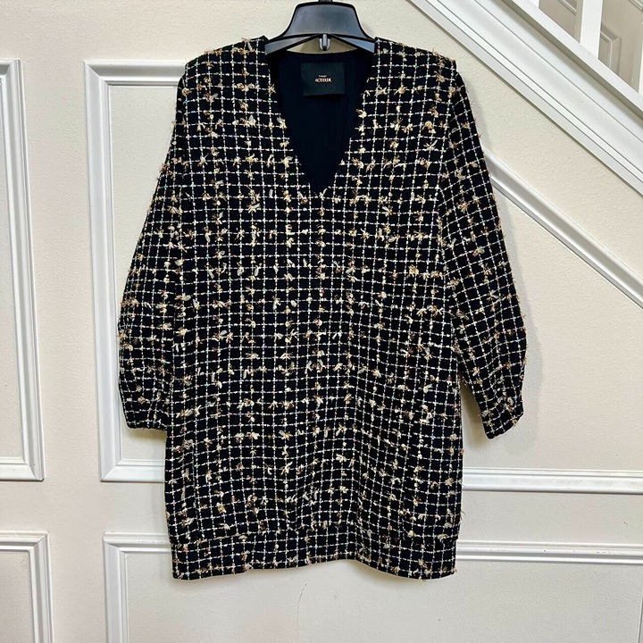 498 Twinset Tinsel Lace Tweed Long Sleeve Jackie Dress sz L Shift Party NWOT