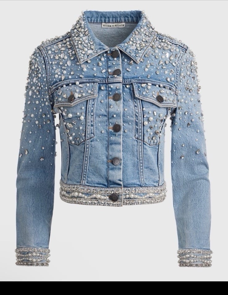 Alice + Olivia Nelson Embellished Fitted Denim Jacket • Sz SMALL •MSRP 895