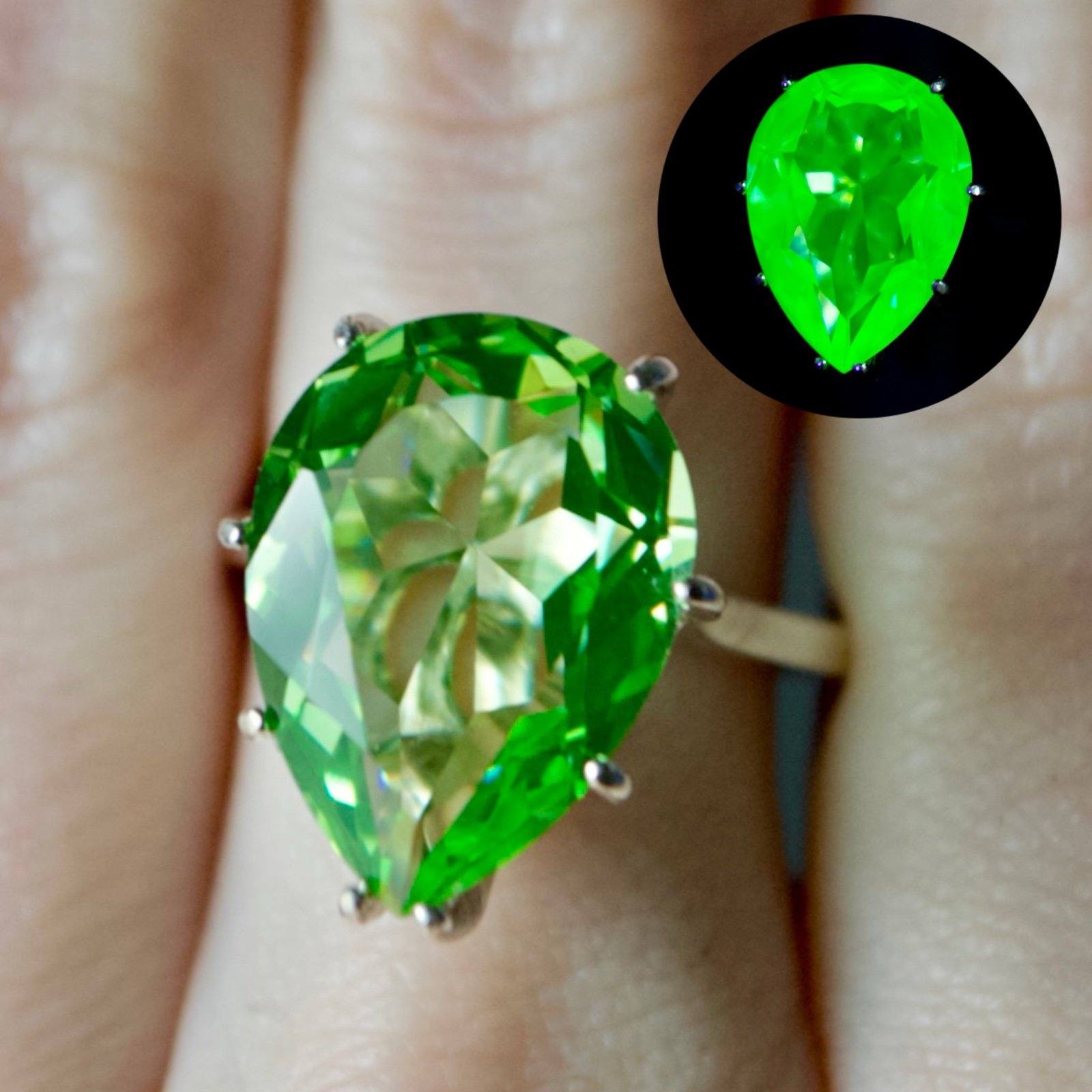 UV Reactive Uranium Glass Teardrop High Set Sterling Silver Ring