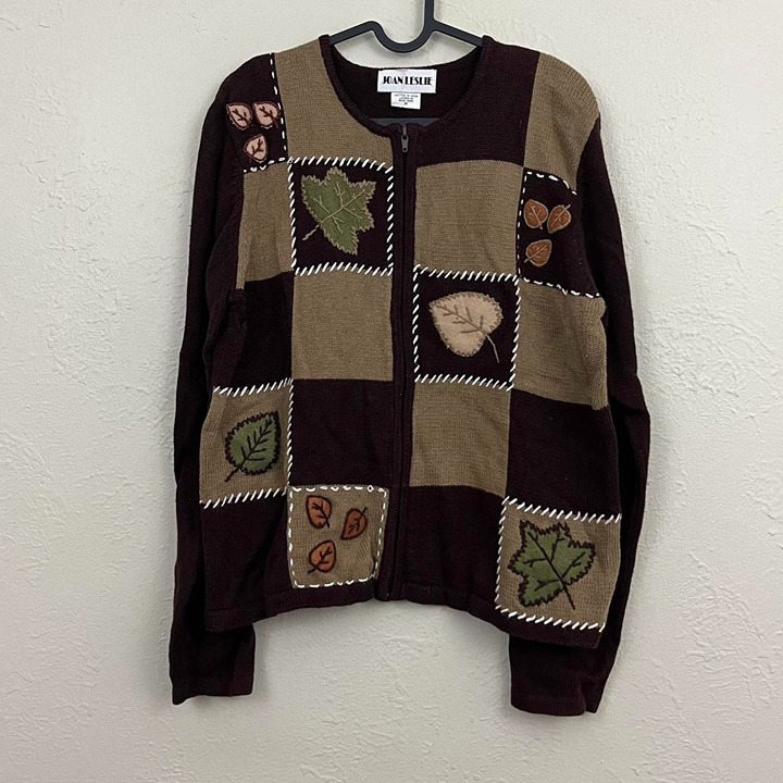 Brown and green vintage 90s cotton ramie knit leaf pattern