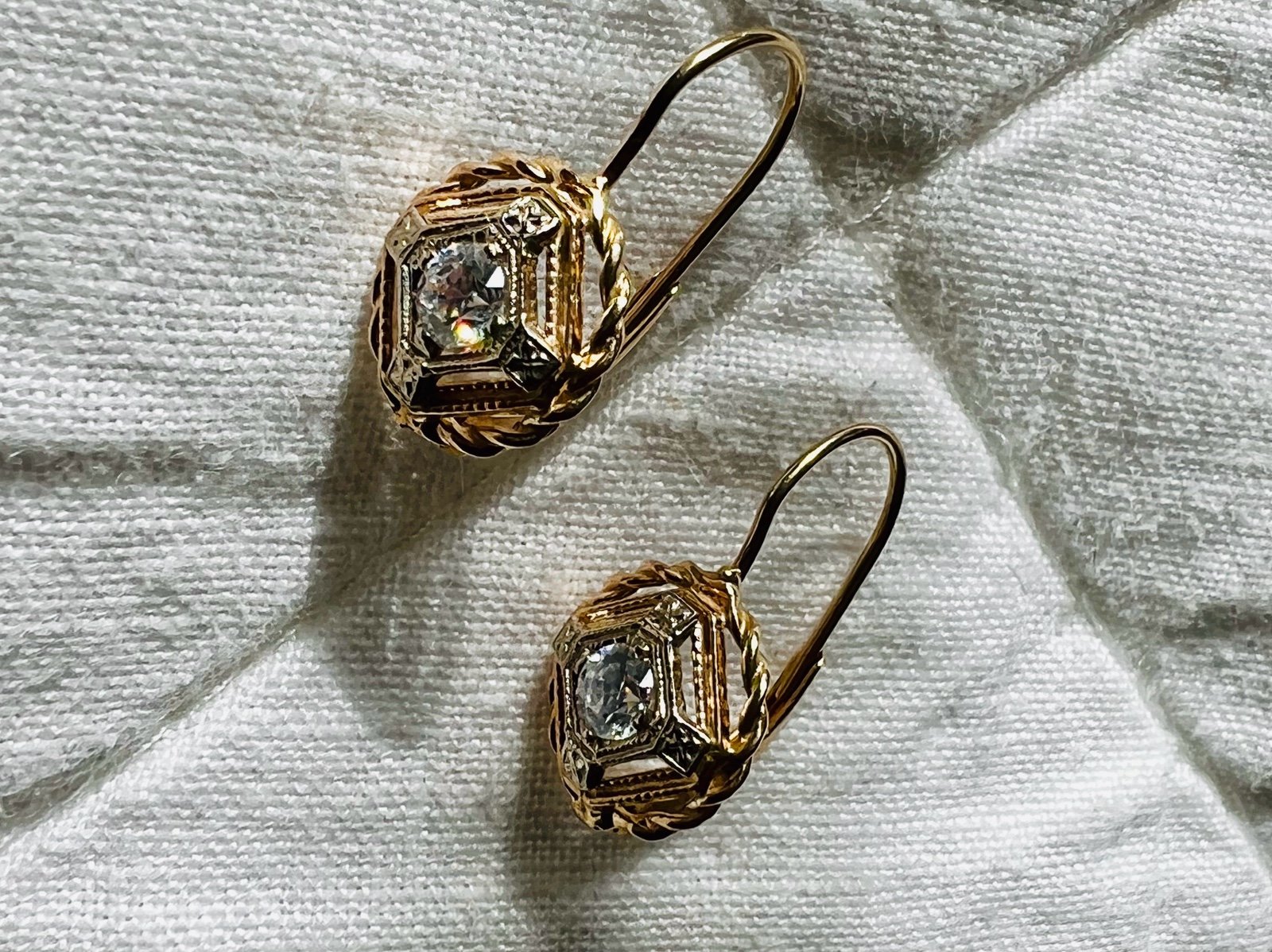 Filigree 14k gold Hexagon Lever Back Earrings