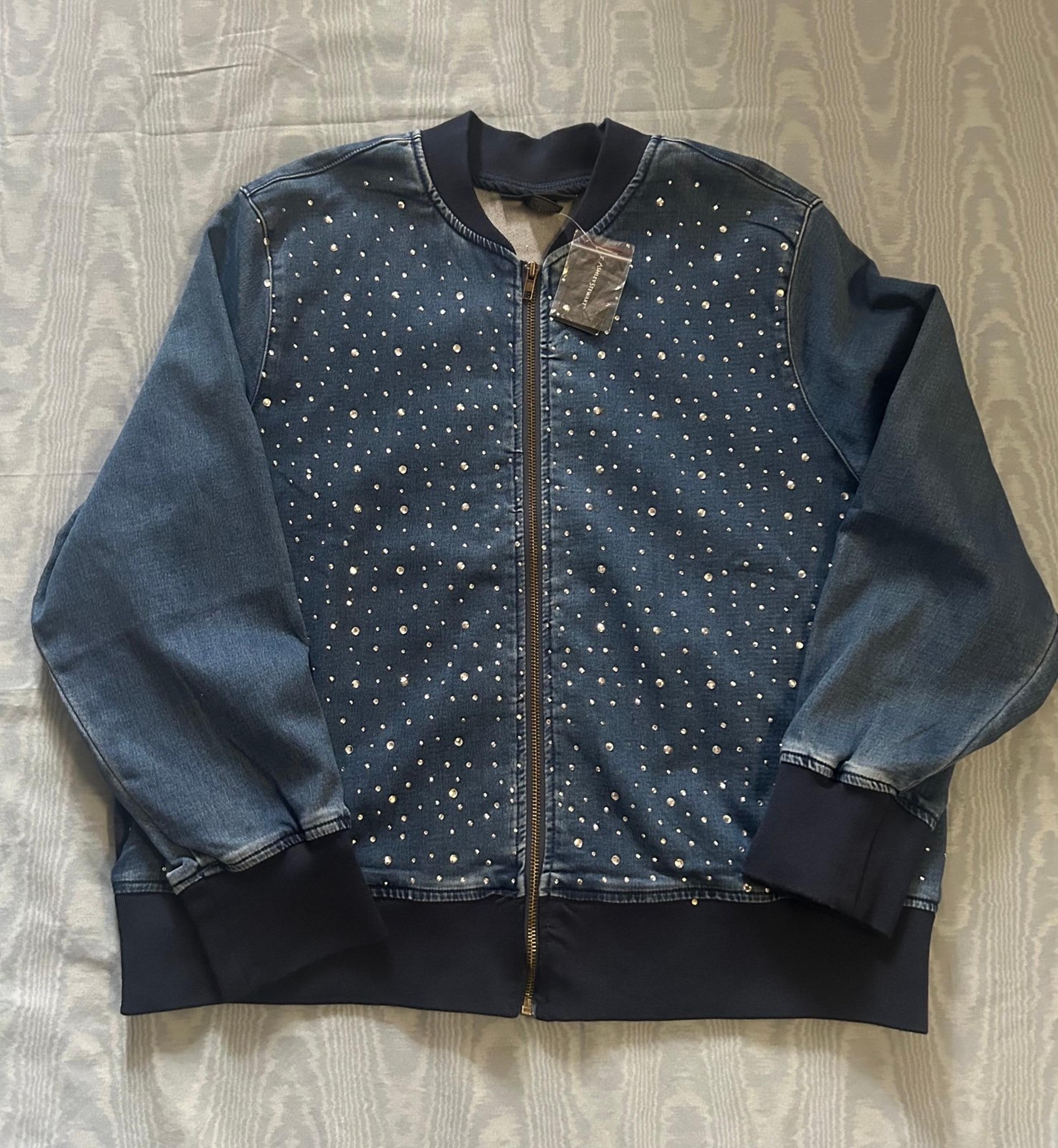 Ladies Ashley Stewart Denim Blue Jean Plus 26 Rhinestone Bling Jacket•NWT