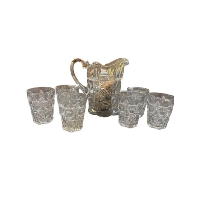 Vintage Pressed Glass Pitcher & 6 Matching Tumblers Clear Floral Diamond Pattern