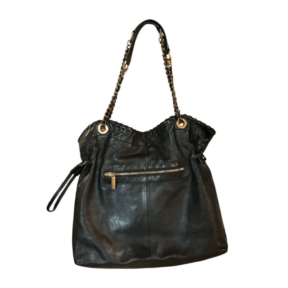 Tory Burch Marion Slouch Hobo Bag Black Pebbled Leather w/ Gold Chain Strap COA