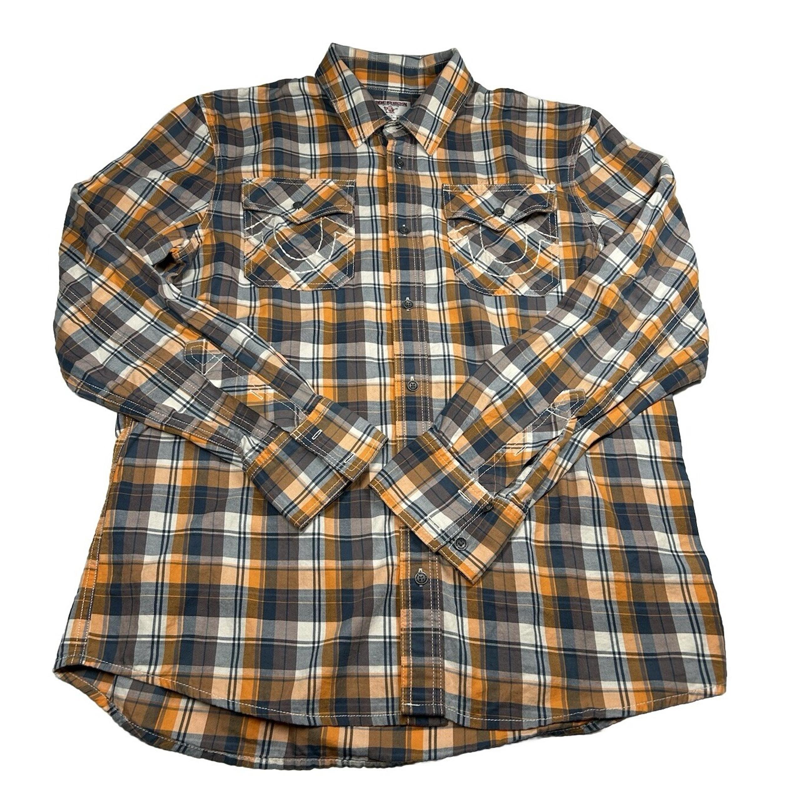 True Religion Button Up Shirt Mens L Orange Blue Plaid Long Sleeve Western Rodeo