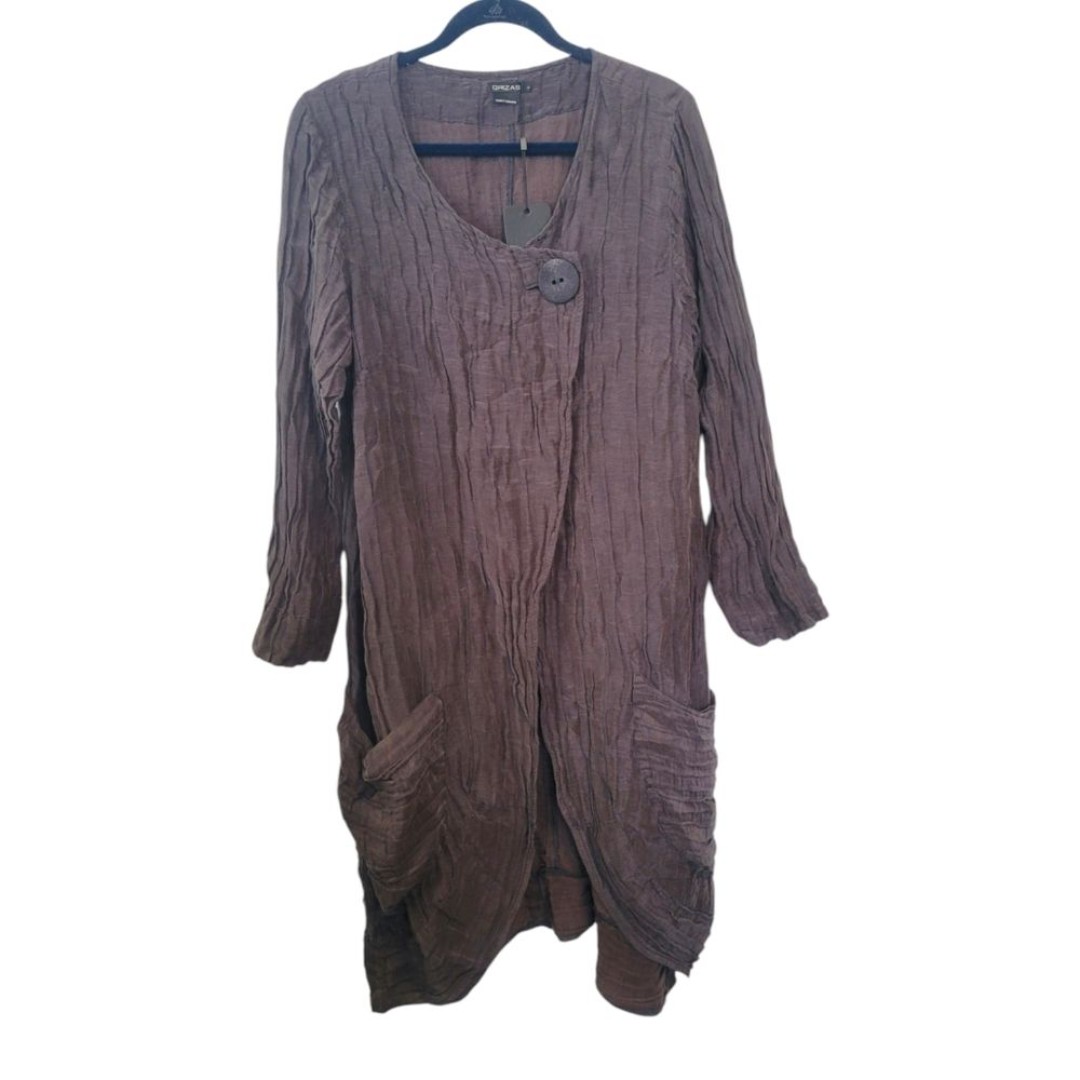 Grizas Brown Linen Silk Crinkle Long Line Cardigan Size Large Lagenlook NWT