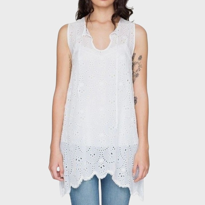 Johnny Was Women's White Eyelet Mod Sleeveless Tunic XL Embroidered Boho EUC