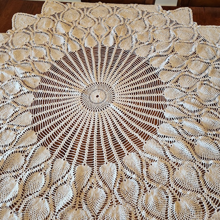 Handmade in USA Vintage Crochet Lace Tablecloth Round 60 Ecru Cotton Doily Eleg