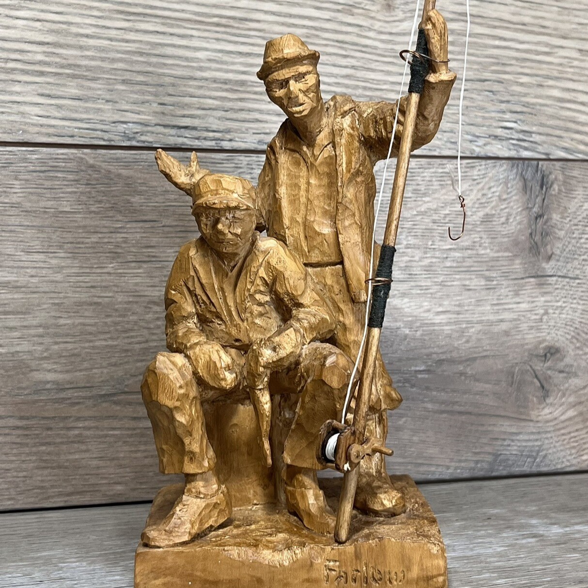 VTG Hand Carved Cork Briercroft Art Fishermen Fishing 10 Figure Signed AS IS