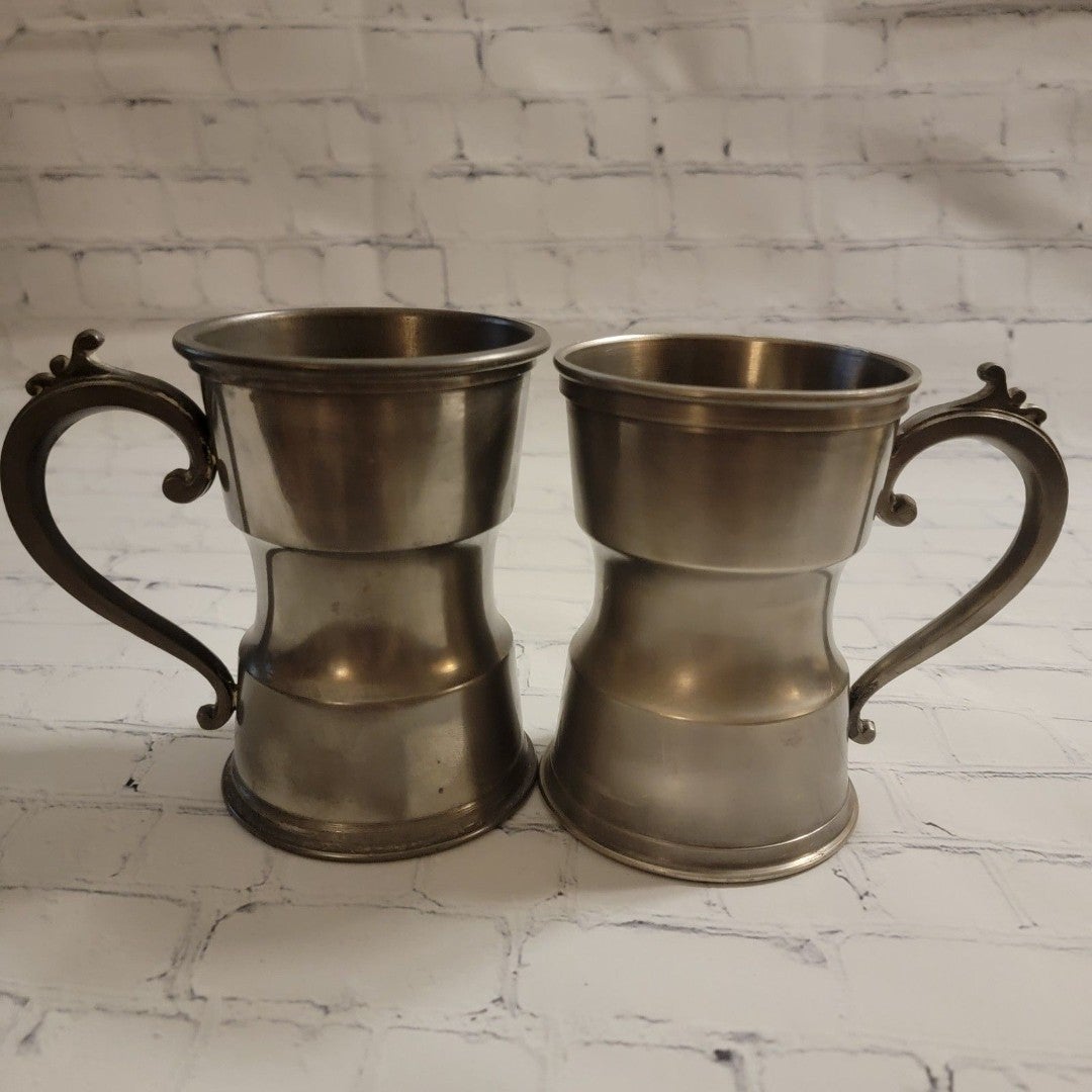 Set of Two Antique Pewter Tankards with Scroll Handles