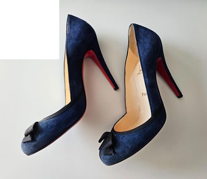 Christian Louboutin Navy Blue Suede Black Faille Trim Bow Detail Size 38