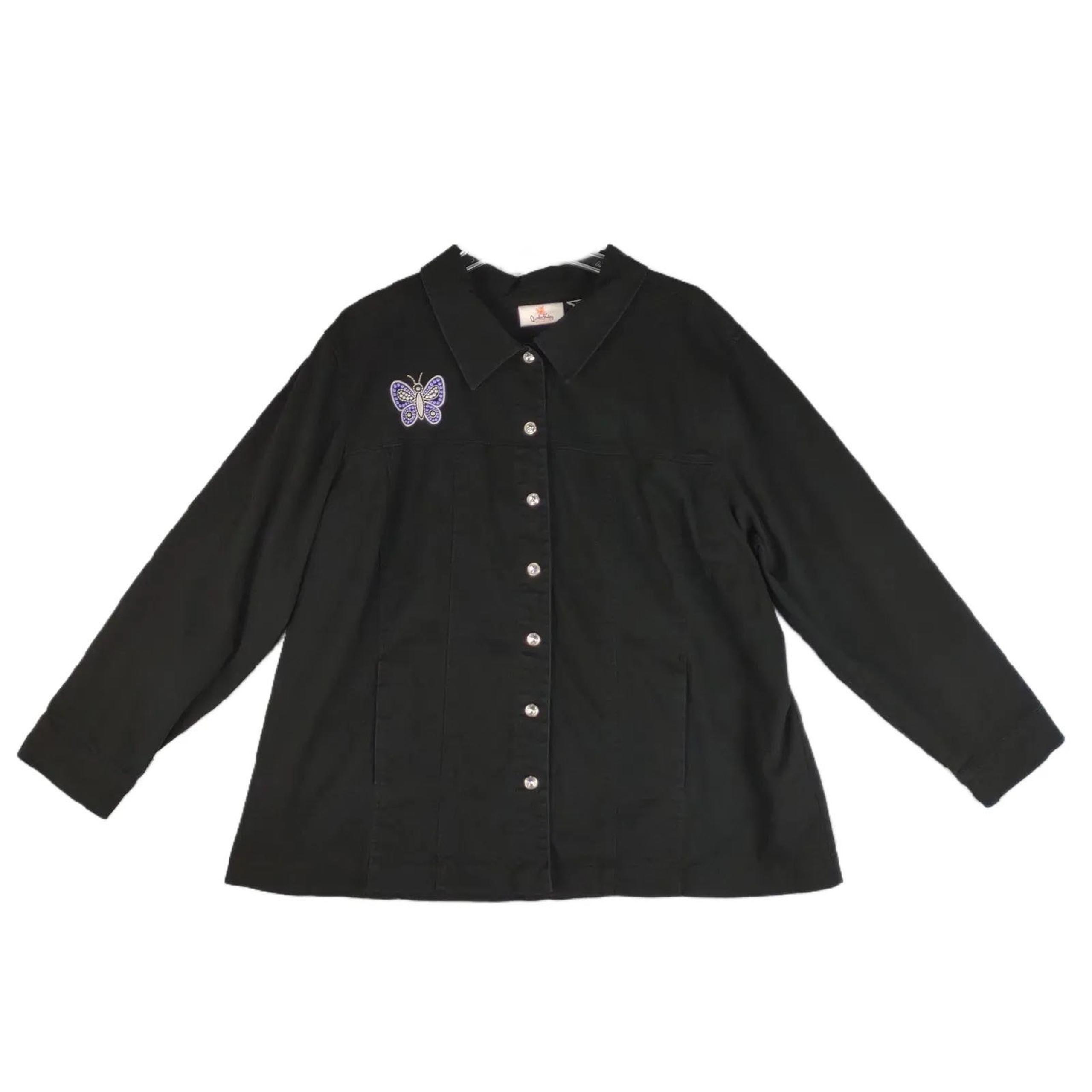 Quacker Factory Women's XL Butterfly Embroidered Black Denim Jean Jacket Shacket