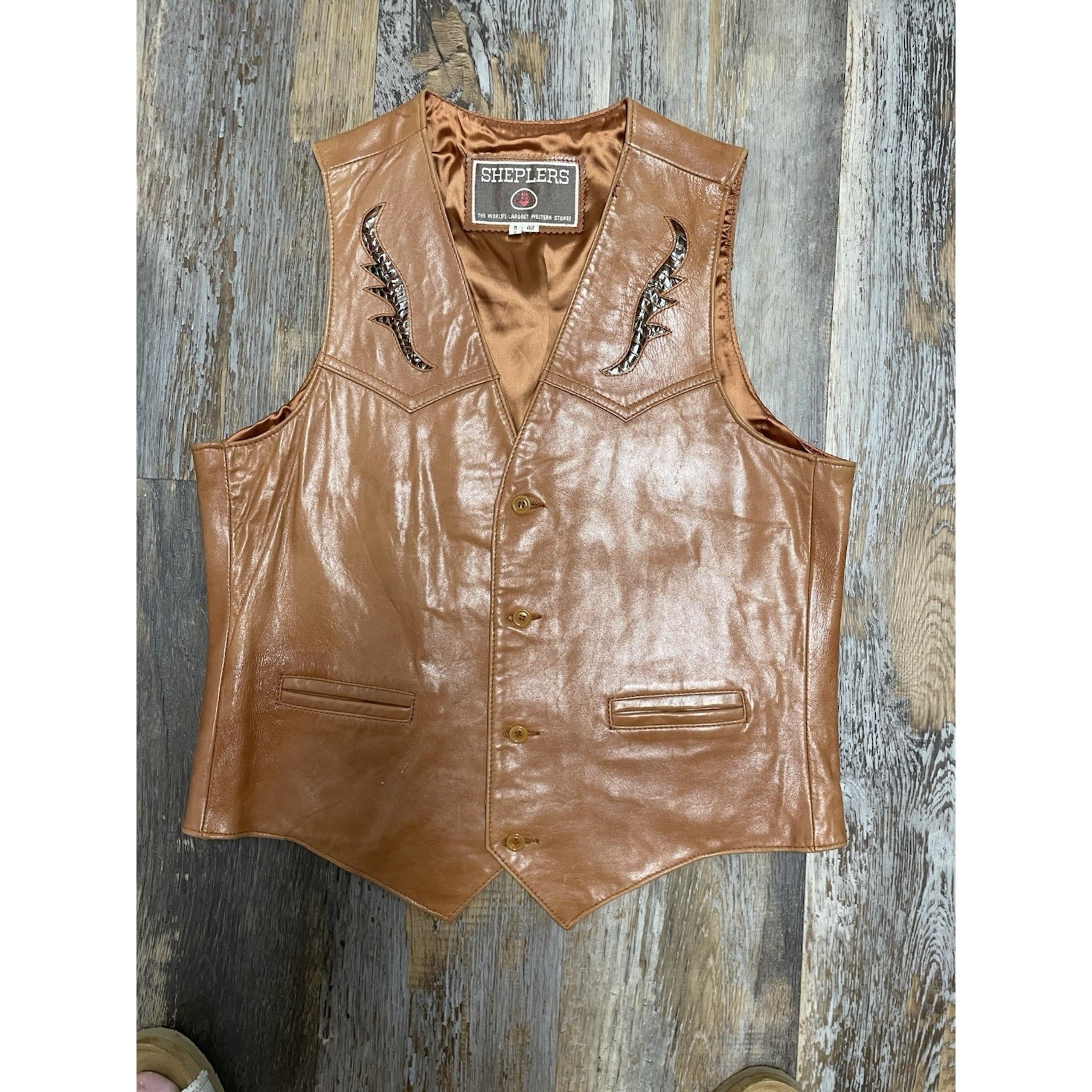 Sheplers Leather Vest Mens 42 Western Wear Cowboy Rodeo Button Front Brown Soft