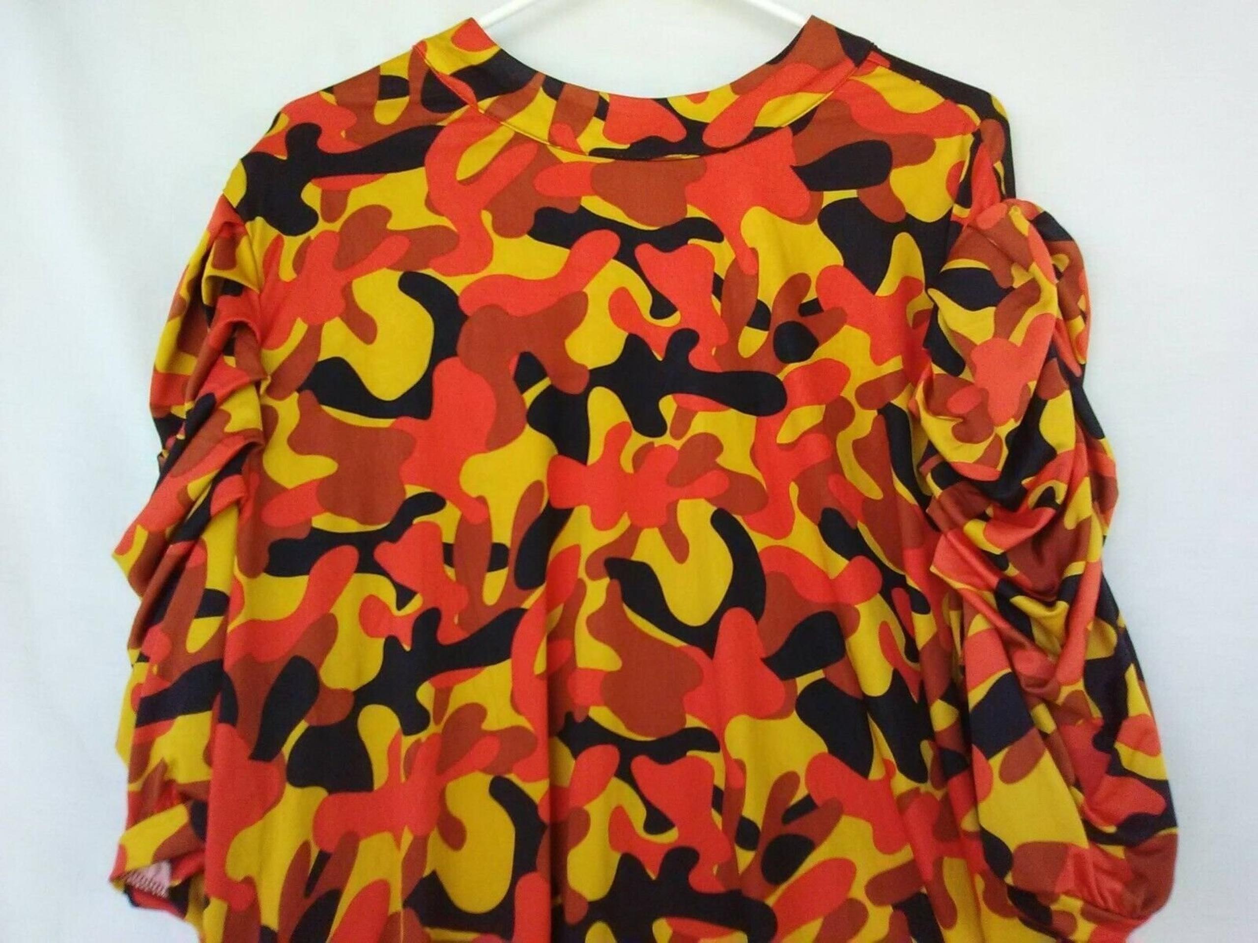Women's Plus 2XL Ashley Stewart Camo Orange Rutched Elbow Sleeve Top Blouse
