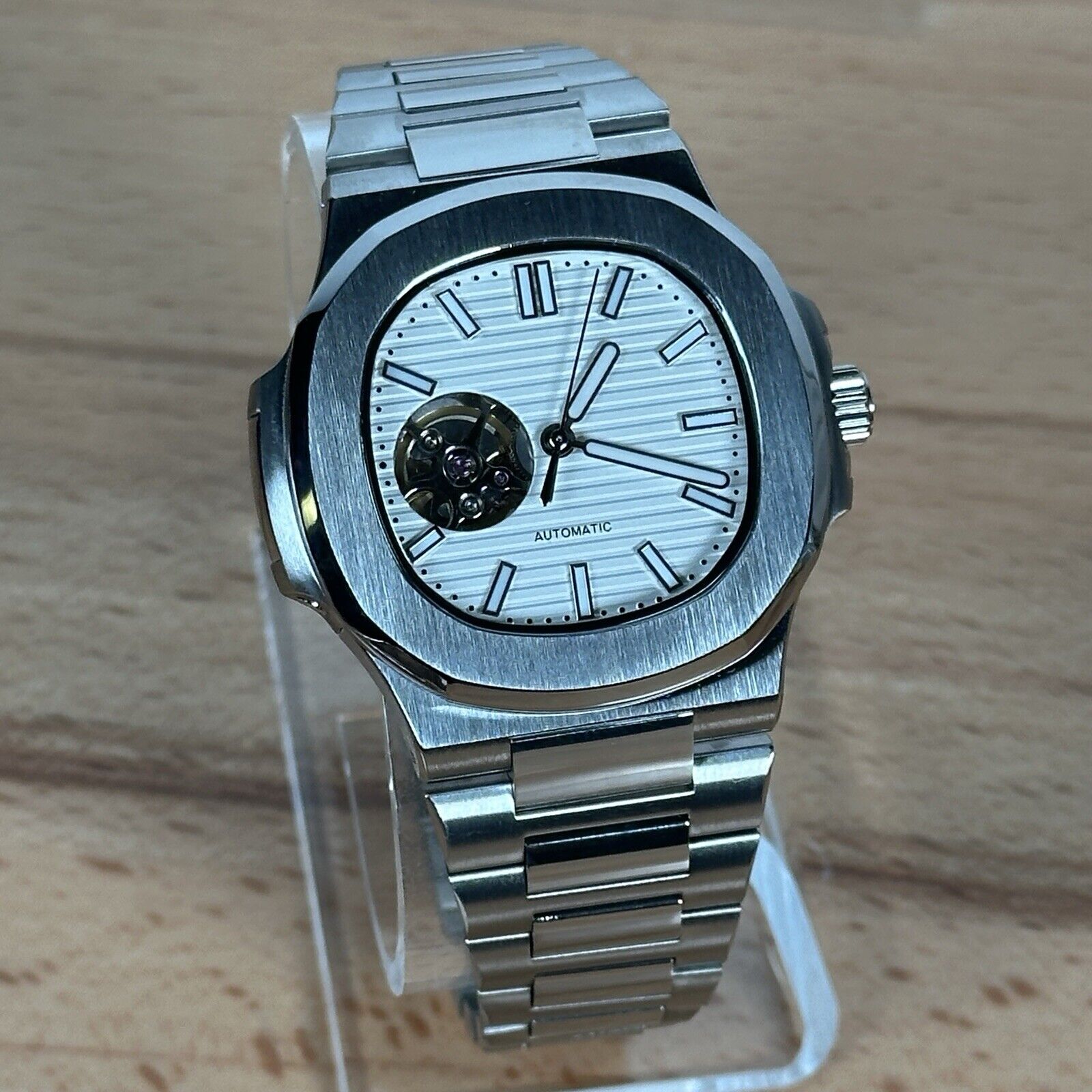 Custom 40mm Steel Nautilus Style White Skeleton Mod Watch w/NH38 Auto Movement