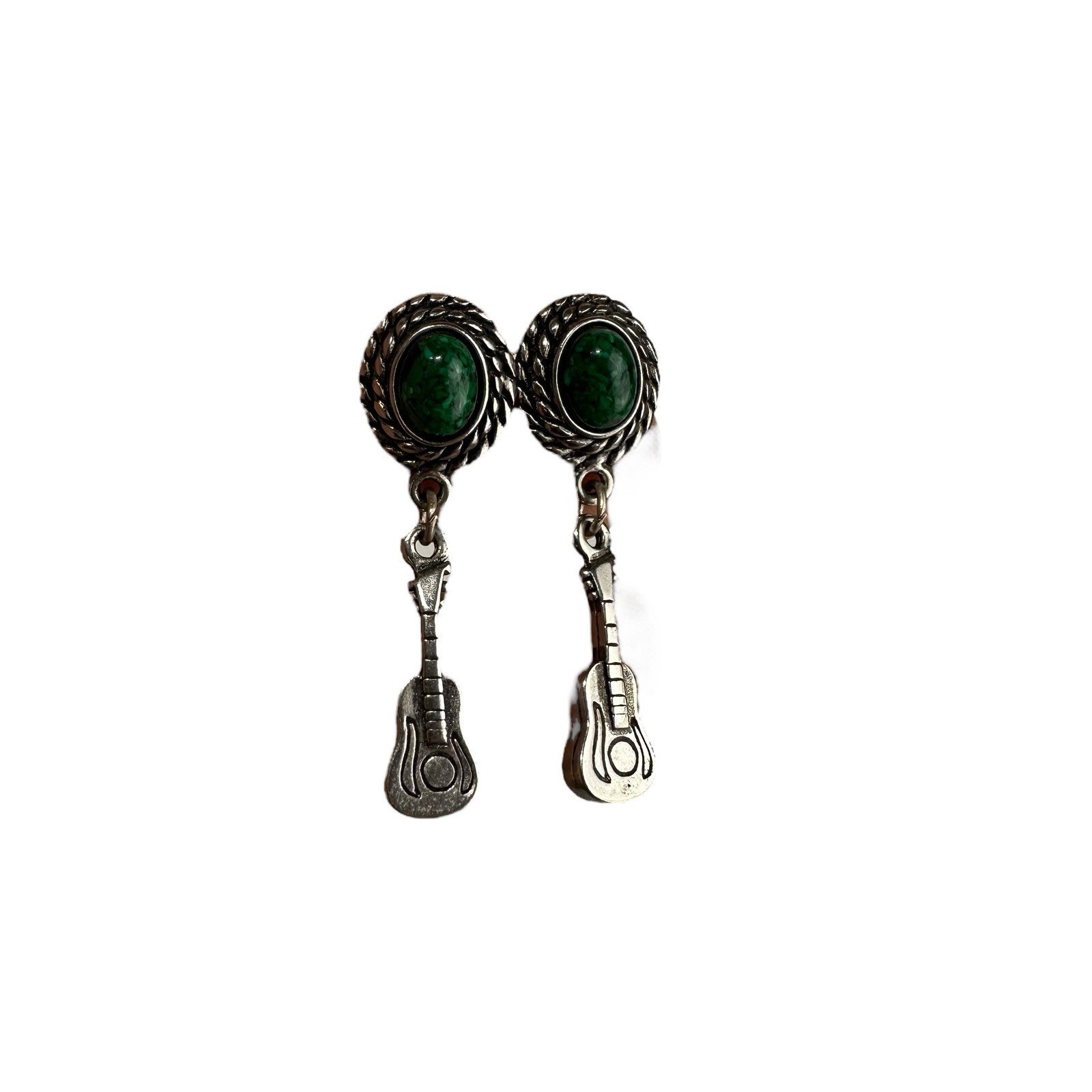 Vintage Sterling Silver Navajo Green Malachite guitar Music dangle earring
