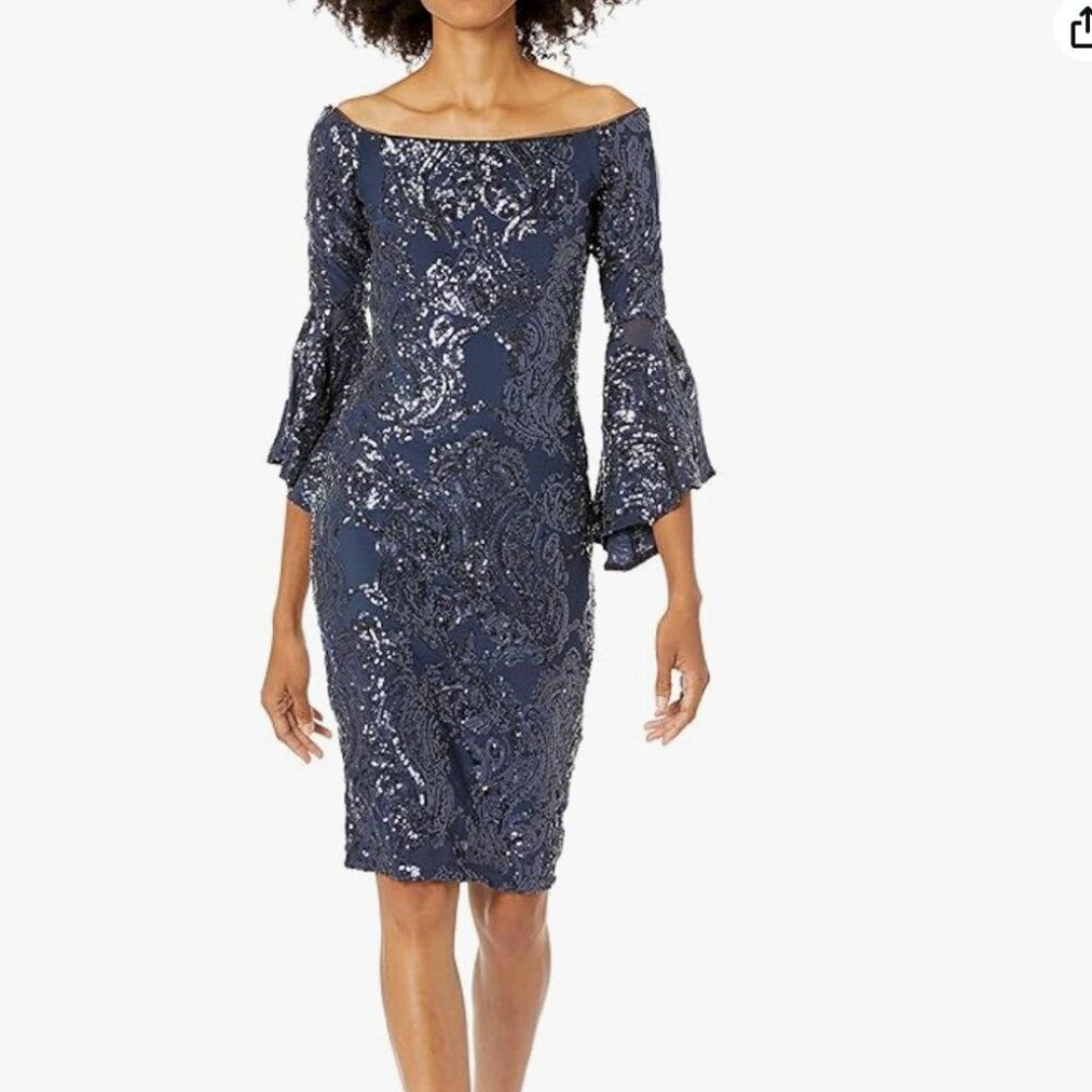 Betsy & Adam Women's Off Shoulder Sequin Dress in Navy Blue