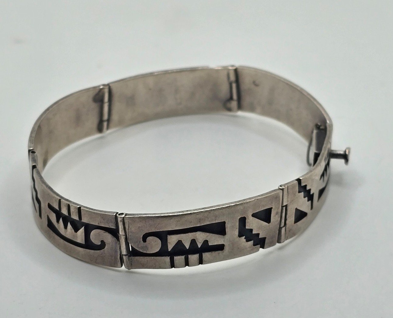 Taxco Sterling Silver 925 Panel Link Mid Century Mexico Vintage Bracelet Aztec