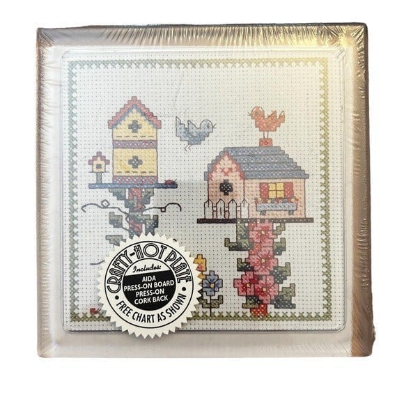 Cross Stitch Kit for Crafty Hot Plate cork Trivet BIRD HOUSE, 6" Textile art