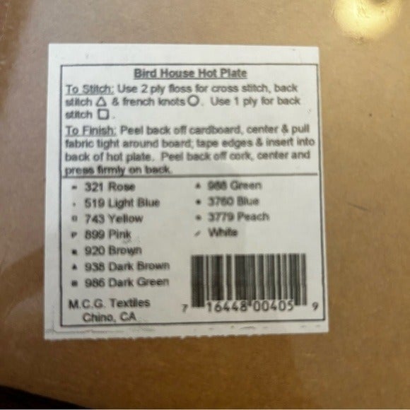 Cross Stitch Kit for Crafty Hot Plate cork Trivet BIRD HOUSE, 6" Textile art - detail