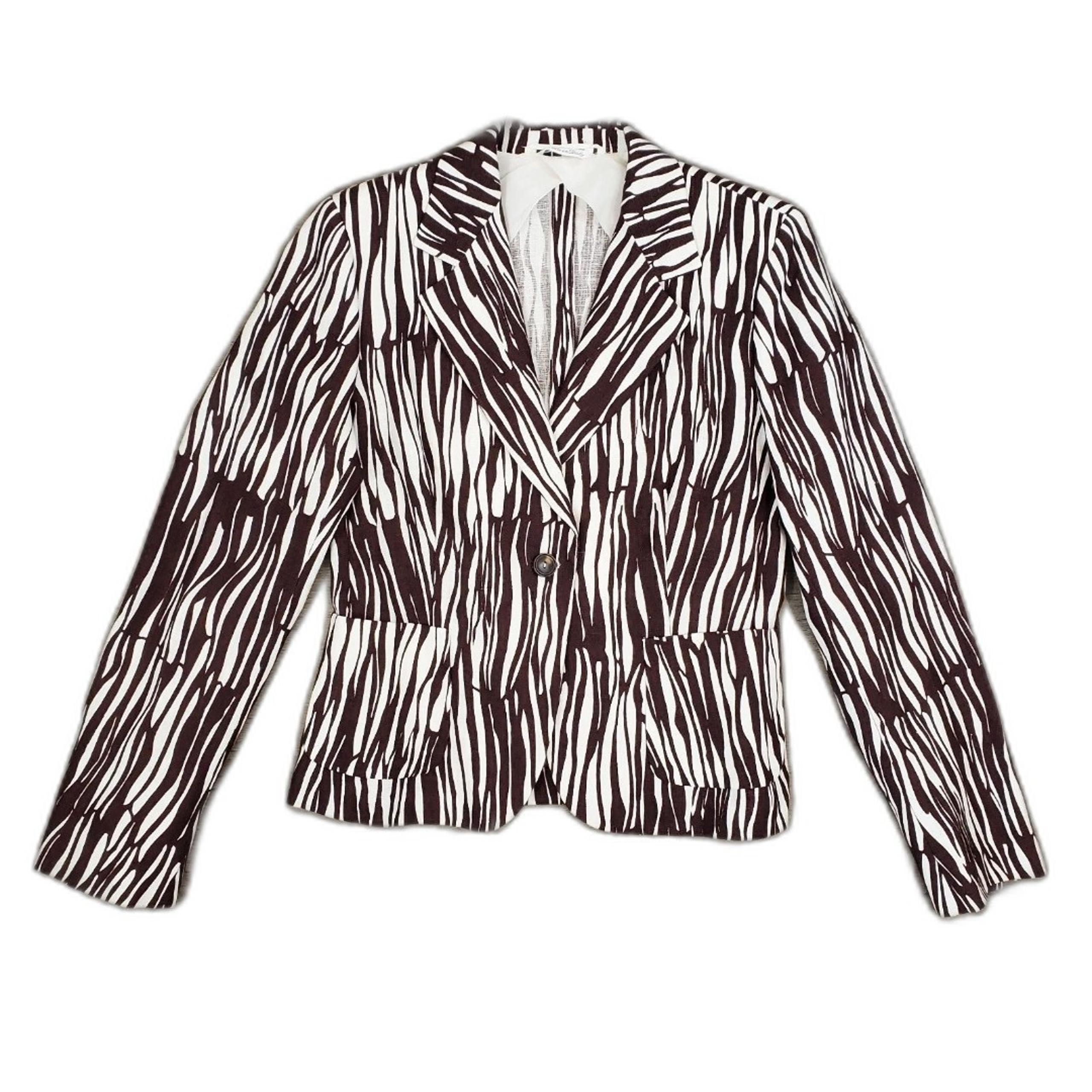 Max Mara 100% Linen Blazer Jacket 8 Striped White Brown Preppy Artsy Classic