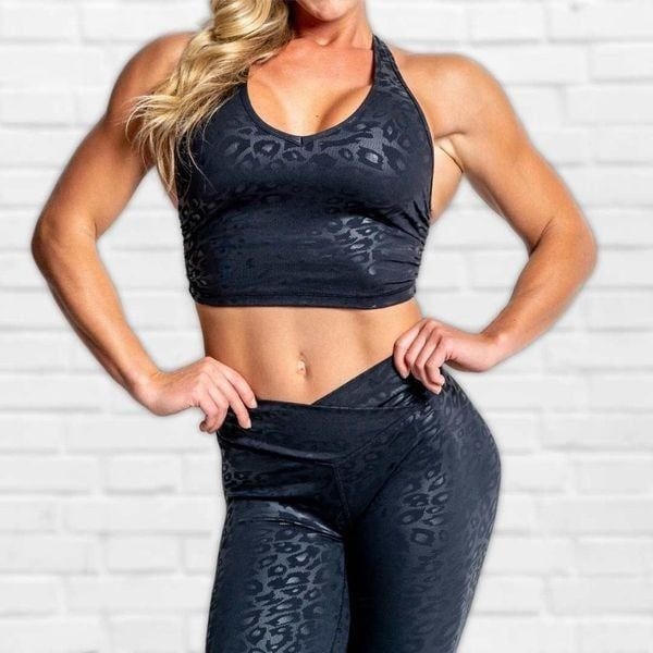 ACBikinis NWT Glossy Cheetah Print Racerback Sports Bra in Black Size Medium