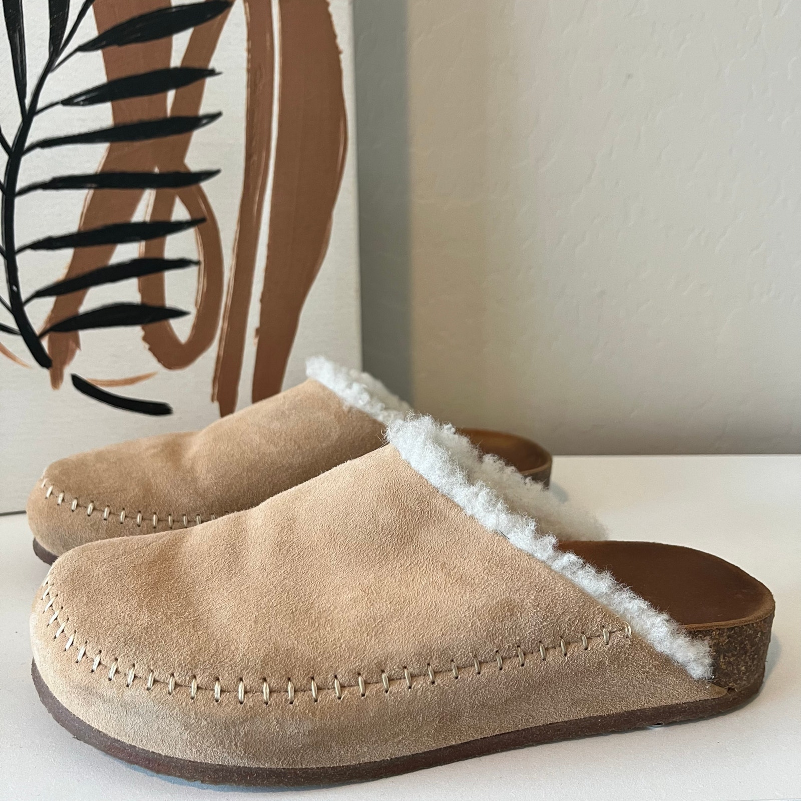 Jenni Kayne Suede Suede Shearling Moc Clog Natural Beige Mule Size 37