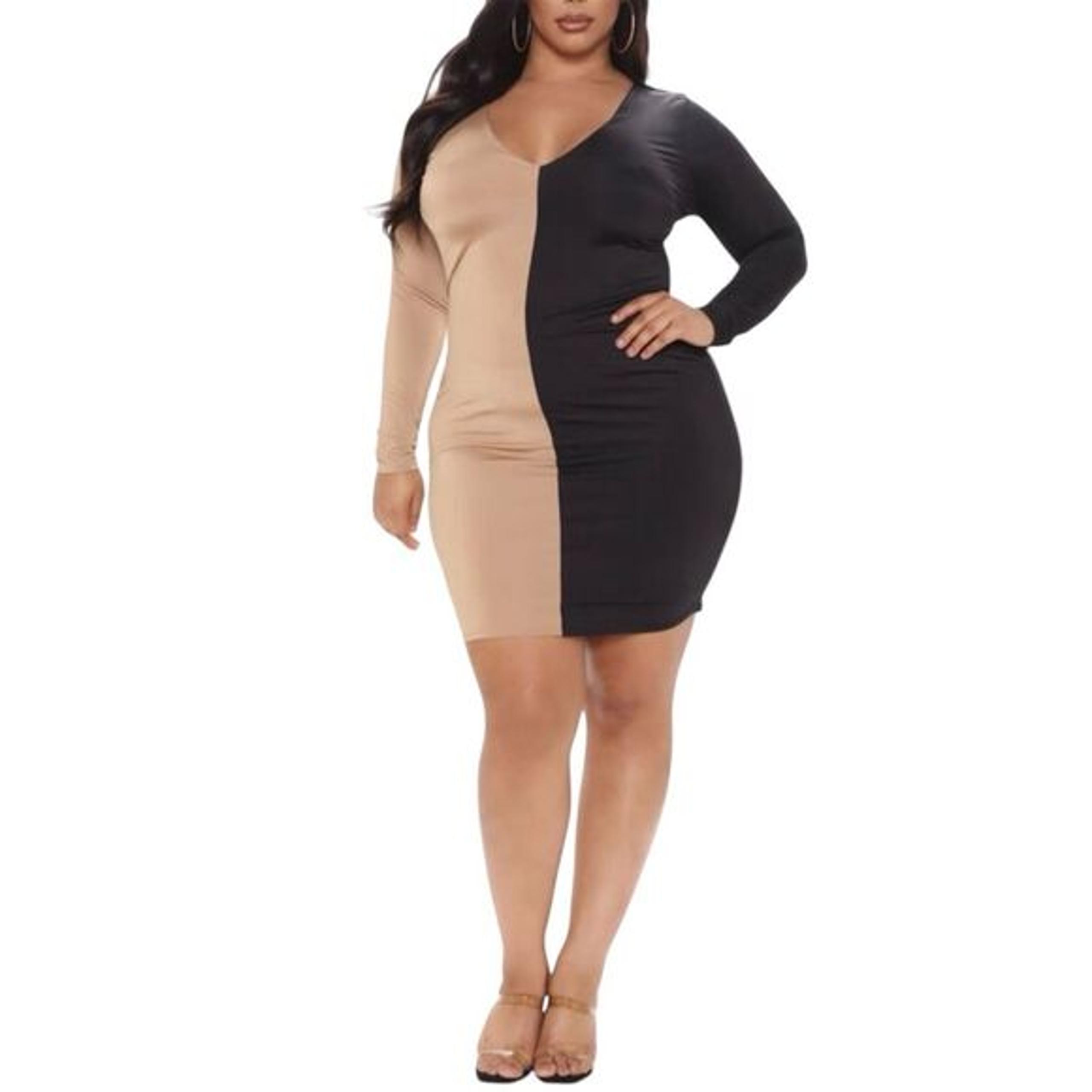 Fashion Nova Plus 1X Two Timing Colorblock Deep V Mini Dress Taupe/Black Combo