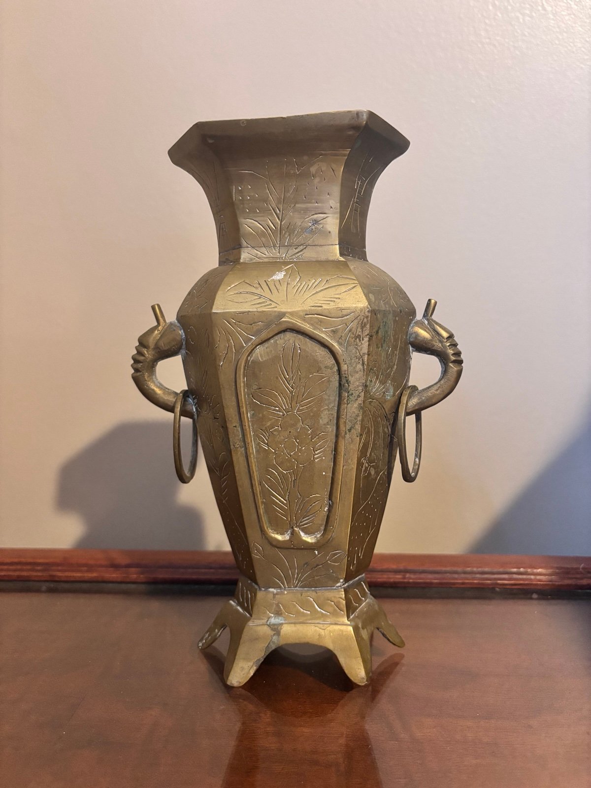 Vintage Antique Chinese Hexagon Brass 8” Vase